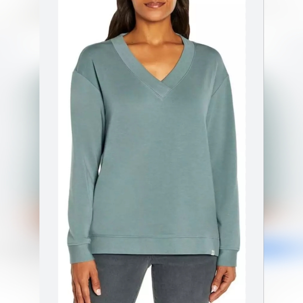 ORVIS Blue Modal Blend V-neck Dropped Shoulder Fleece Lined Cozy Sweatshirt